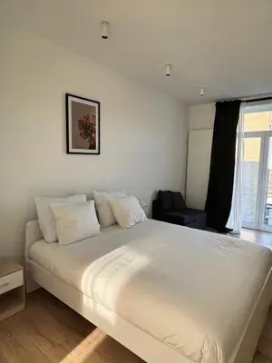 a large white bed in a room with a window at Bora Apartment in Brussels
