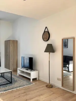 a living room with a tv and a mirror at Loft Luna Brussels Midi in Brussels