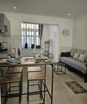 a kitchen and living room with a table and chairs at Proche du centre de Bruxelles, Atomium,Tour&Taxi,ING Arena in Brussels