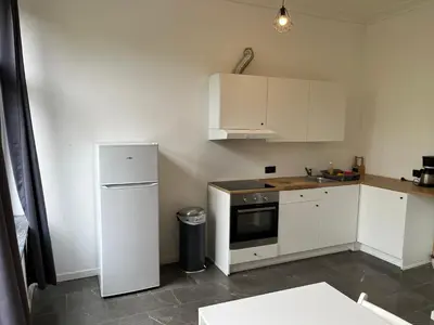 a small kitchen with white cabinets and a refrigerator at Flat south Brussels in Brussels
