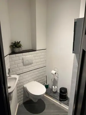 a white bathroom with a toilet and a sink at Flat south Brussels in Brussels