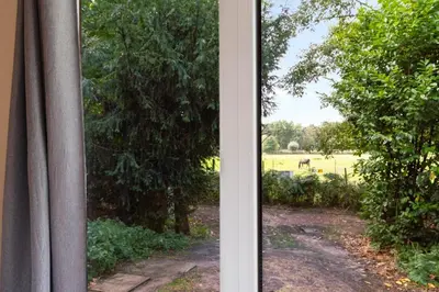 a window with a view of a field with a cow at Chalet & Spa Nora in Stekene