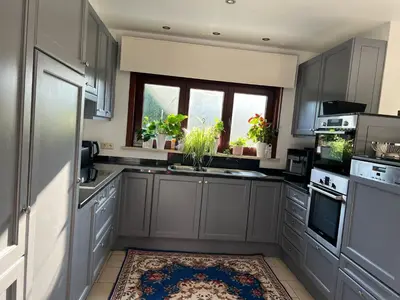a kitchen with gray cabinets and a window with potted plants at Villa op de hoek Rooms in Aalst
