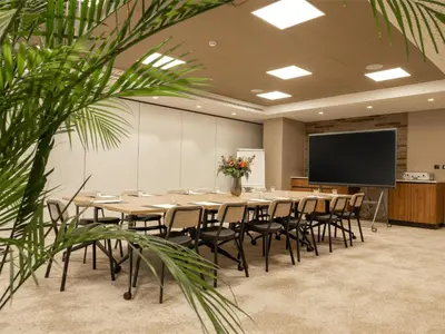 a conference room with a table and chairs and a screen at Hilton Garden Inn Brussels Airport in Diegem