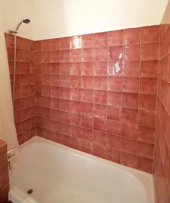 a bathroom with a bath tub with red tiles at Brand new & cosy - Louise & Stéphanie area in Brussels