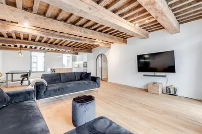 a living room with a couch and a flat screen tv at Beautiful spacious Loft in the Heart of Antwerp in Antwerp