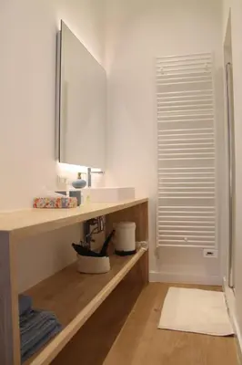 a bathroom with a counter with a mirror and a sink at Charming Apartment with Cathedral View in Antwerp on the 2th floor in Antwerp
