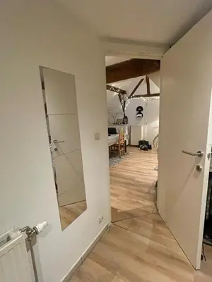 a hallway with a mirror in a room at Petit duplex cosy coup de coeur, dans ferme de charme du 18 è siècle au milieu des champs in Bossut-Gottechain