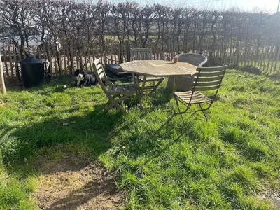 a table and chairs in a field with a dog at Petit duplex cosy coup de coeur, dans ferme de charme du 18 è siècle au milieu des champs in Bossut-Gottechain