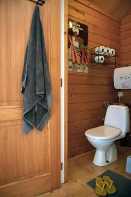 a bathroom with a toilet and a towel on the door at Huisje aan de Vijver in Hamme