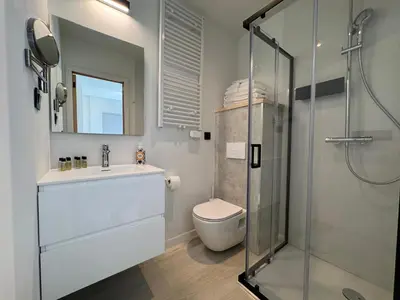a bathroom with a shower and a toilet and a sink at Vakantiewoning The View in Gooik