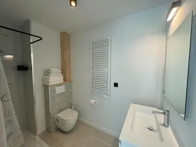 a white bathroom with a toilet and a sink at Vakantiewoning The View in Gooik