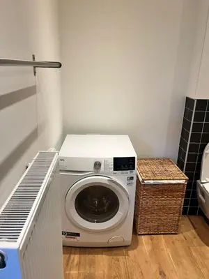 a washing machine in a laundry room with a basket at Completely renovated apartment in Antwerp