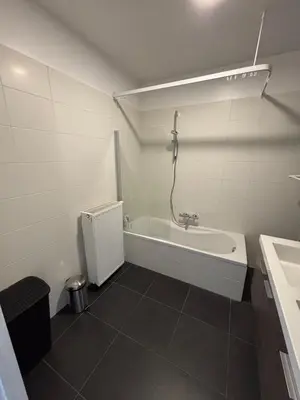 a bathroom with a bath tub and a sink at Stylish, modern & spacious apartment in Brussels in Brussels