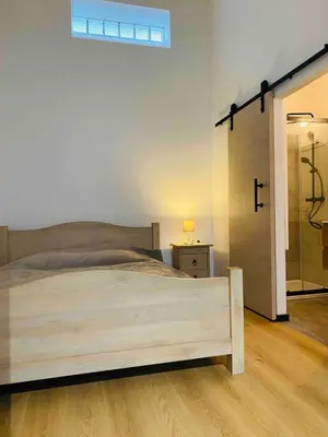 a bedroom with a large bed and a shower at Studio calme et lumineux à Uccle in Brussels