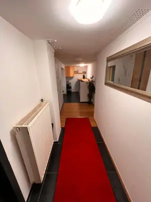 a red carpet down a hallway with a red carpet at Doppelzimmer im Herzen Brüssels in Brussels