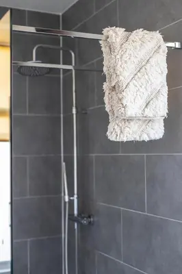 a bathroom with a shower with a towel on a rack at Chic 3BR Apartment near Antwerpen-Centraal Station in Antwerp
