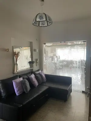 a black couch in a living room with purple pillows at JV House in Zellik