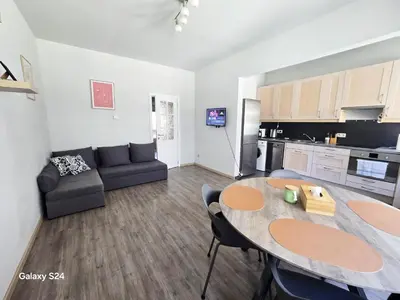 a living room with a table and a kitchen at Splendid 2 bedroom apartment in Etterbeek in Brussels