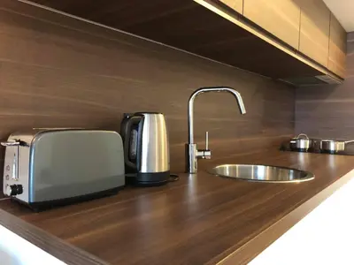 a kitchen counter with a sink and a toaster at Apartment Fruithof Tack in Sint-Gillis-Waas