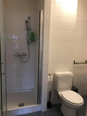 a bathroom with a shower with a toilet and a shower at Apartment Fruithof Tack in Sint-Gillis-Waas