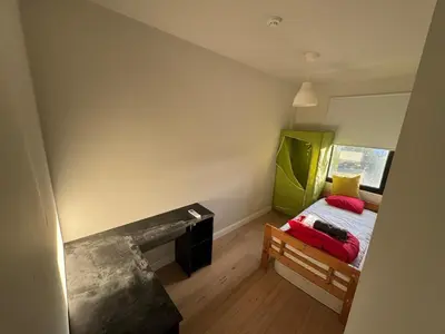 a small bedroom with a green bed and a desk at Holiday Small Shared Room in Gent in Ghent