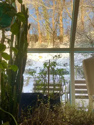 a window with a view of a snow covered yard at Family home, green surroundings, 10 min from Brussels in Overijse