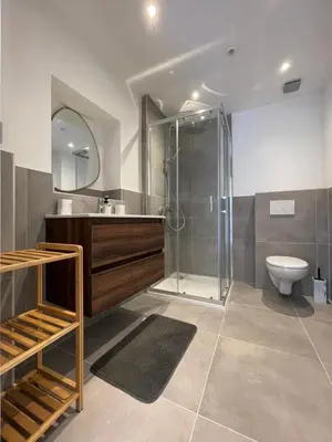 a bathroom with a shower and a toilet and a sink at Midi Station 3 in Brussels