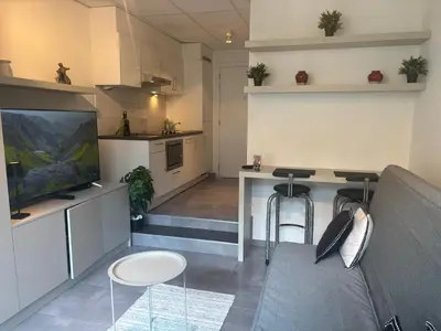 a living room with a couch and a tv at Charming Studio in Central Brussels - Walk Everywhere! in Brussels