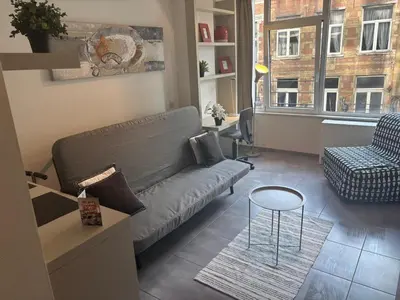 a living room with a couch and a table at Charming Studio in Central Brussels - Walk Everywhere! in Brussels