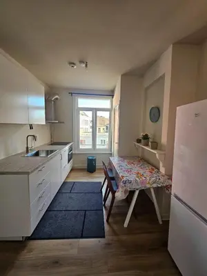 a kitchen with a table and a sink and a window at Apartamento en Gante in Ghent