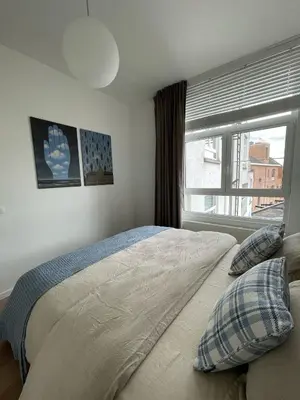 a bedroom with a bed with pillows and a window at La Petite Foret Design Flat in Antwerp City in Antwerp