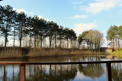a body of water with trees in the background at Uniek privé natuurdomein voor 14 personen in Evergem