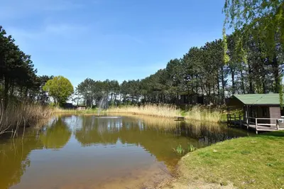 a small pond with a house in the middle at Uniek privé natuurdomein voor 14 personen in Evergem