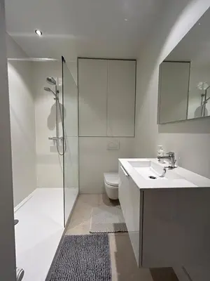 a bathroom with a shower and a sink and a toilet at Studio Tzawel in Ghent