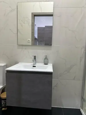 a bathroom with a sink and a mirror at Sweet apartment with belcon in Brussels