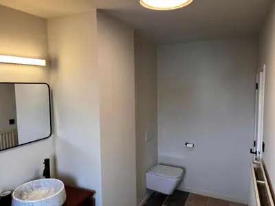 a bathroom with a toilet and a mirror at Appartement ' Tintin Travels' in Geel