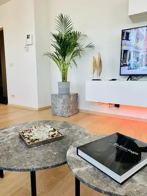 a living room with a table with a book on it at Penthouse Grand Place - 2bd - 200sqm Terrace in Brussels