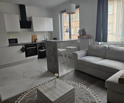 a living room with a couch and a kitchen at Brussels apartment with terrace 2 in Brussels
