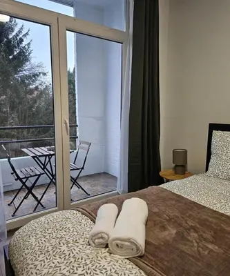 a bedroom with a bed and a balcony with a view at Brussels apartment with terrace 2 in Brussels