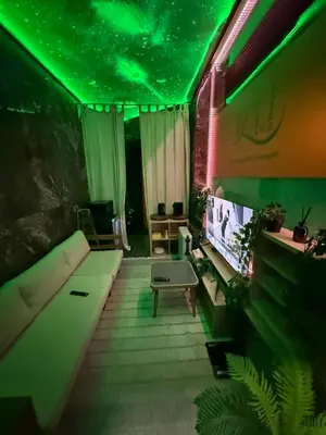 a living room with a couch and green lights at Majestic Wellness Center in Brussels