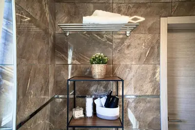 a bathroom with a shelf with towels and a plant at Penthouse with a Neo-Gothic Parish church view in Ghent