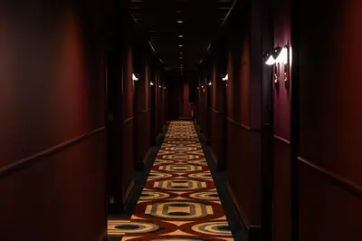 a hallway with a carpeted floor in a building at Via Antwerp in Antwerp