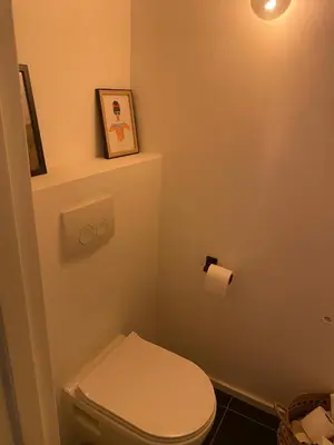 a bathroom with a white toilet and a toilet paper roll at Modern & Cozy Apartment near Tomorrowland- Sleeps 4 in Edegem