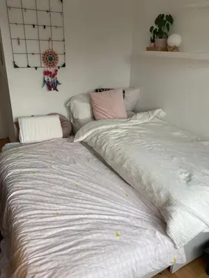 a large bed sitting in a room with at Modern & Cozy Apartment near Tomorrowland- Sleeps 4 in Edegem