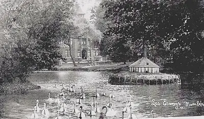 a group of ducks swimming in a lake in front of a building at Le Manoir des Etangs in Etbos