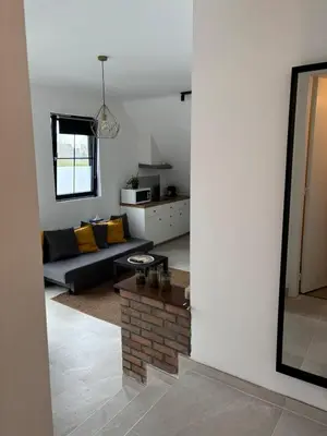a living room with a couch and a mirror at Cozy Loft Grimbergen in Grimbergen