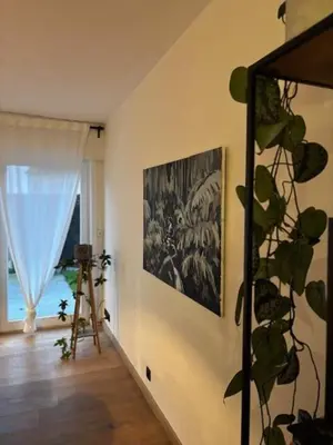 a room with a painting on the wall and a plant at Lovely house next to Tomorrowland in Boom