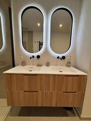a bathroom with two sinks and two mirrors at Studio Vleurgat in Brussels