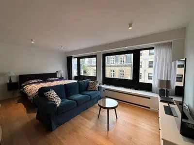 a living room with a couch and a bed at Studio Vleurgat in Brussels
